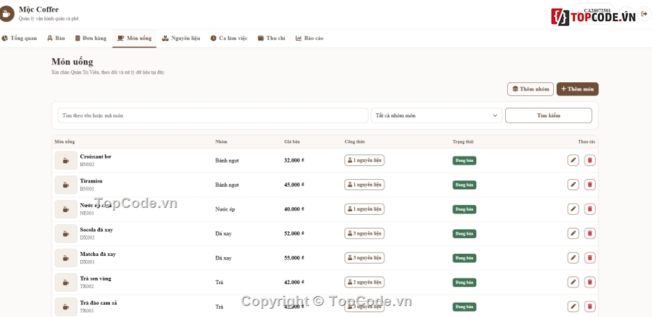 Website quản lý,quản lý cà phê,Web quản lý quán cà phê